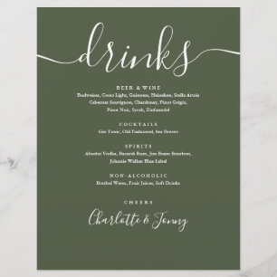 Menu Bebidas de Casamento com Script Moderno Verde