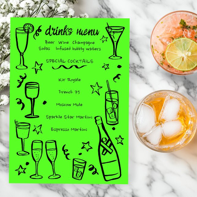 Menu Bebidas de Cocktail de Festa de ANO NOVO Caprichos (Whimsical NEW YEAR Party Cocktail Drinks Custom Menu Neon Lime Green 
)