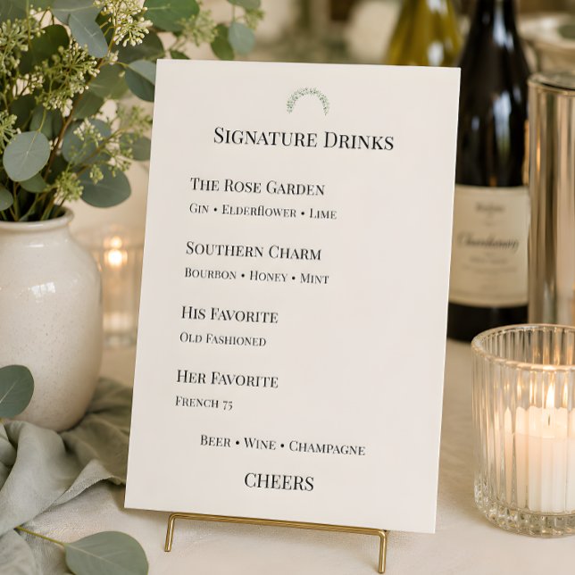 Menu Bebidas Luxuosas com Verde de Eucalipto (Signature drinks menu card, part of the eucalyptus themed wedding collection)