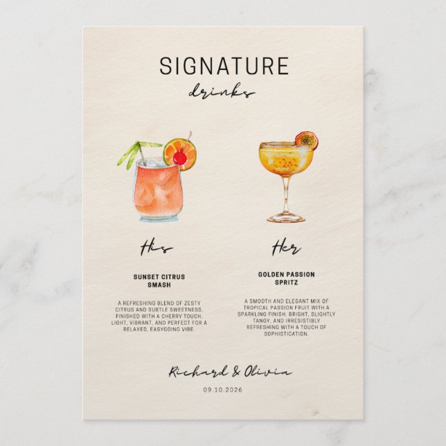 Menu Bebidas Símbolo do Casamento – Coquetéis Dele e De (Frente)