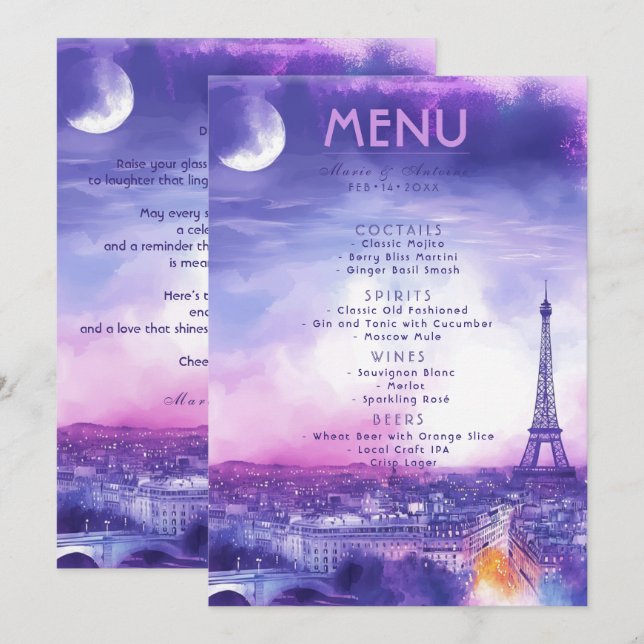 Menu BEBIDAS + texto adorável Amour Éternel  (Frente/Verso)