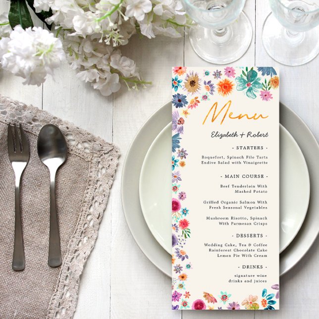 Menu Bege Boho Chic Floral Jardim de Flores Silvestres  (Front)