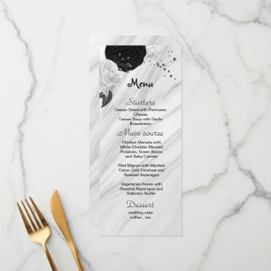 Menu belo casamento entre flores pretas e brancas