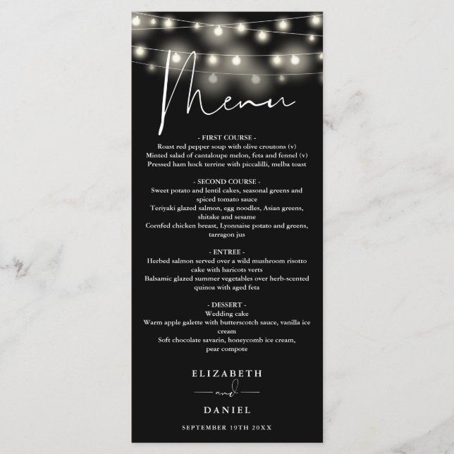 Menu Black And White String Lights Wedding Dinner (Frente)