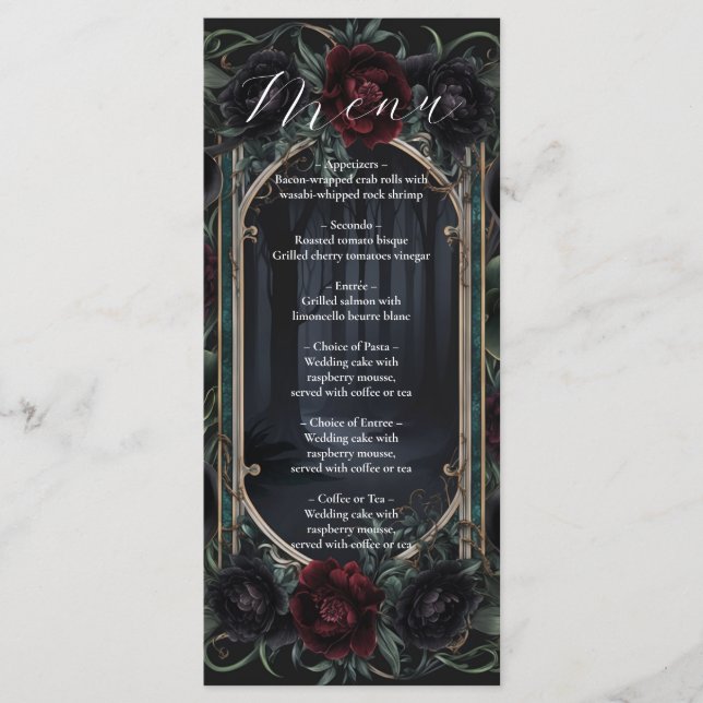 Menu Black Roses Floral Gothic Halloween Wedding (Frente)