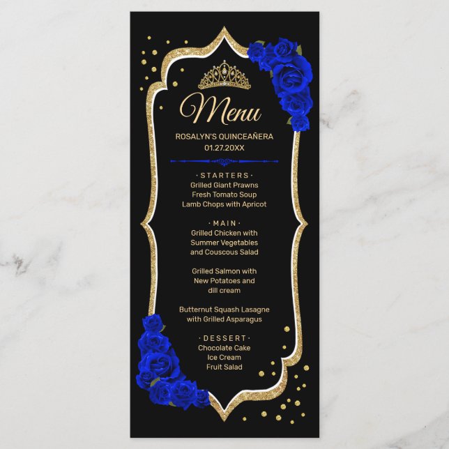 Menu Black Royal Azul Dourado Quinceanera (Frente)