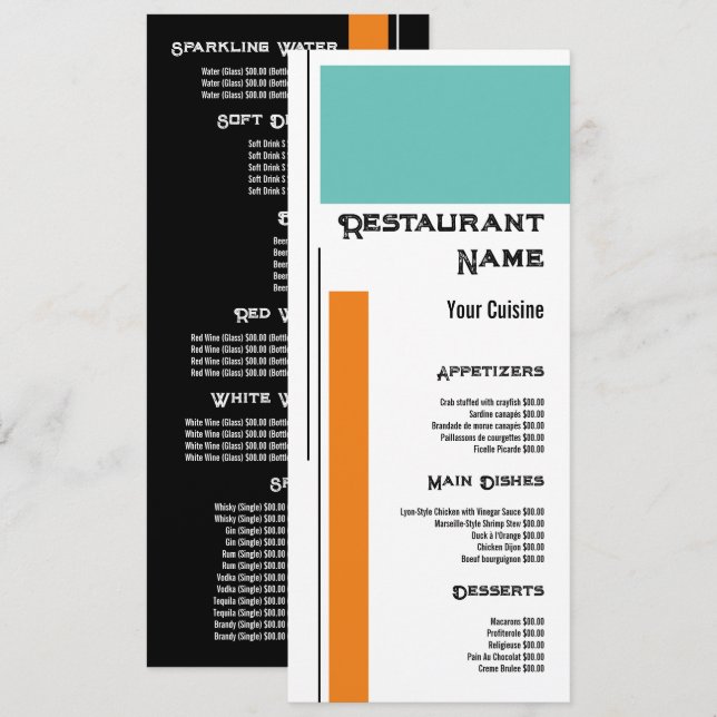 Menu Bloco Duplo Clássico Cor, Restaurante Slimline (Frente/Verso)