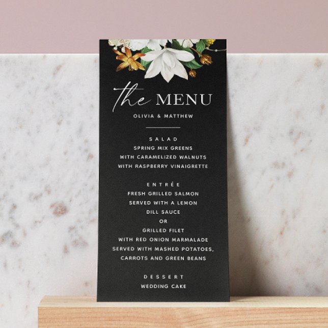 Menu Bloom vintage camellia. Casamento negro elegante (Criador carregado)