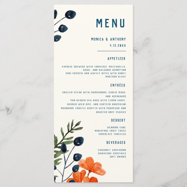 Menu Blooming Botanicals Orange Floral Blue Casamento (Frente)
