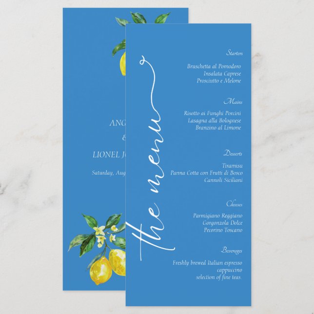 Menu Blue Amalfi Coast Lemon Italy Weding (Frente/Verso)
