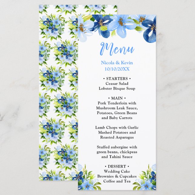 Menu Blue and Navy Flowers with Foliage  (Frente/Verso)
