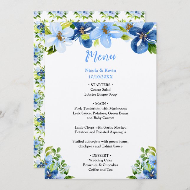 Menu Blue and Navy Flowers with Foliage  (Frente/Verso)