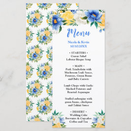Menu Blue and Yellow Floral Wedding