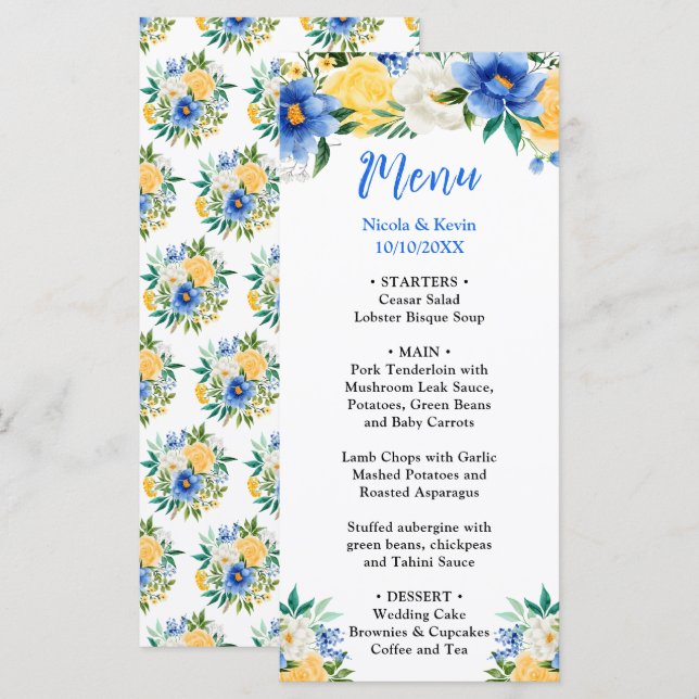 Menu Blue and Yellow Floral Wedding (Frente/Verso)