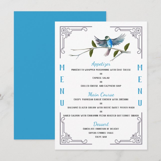 Menu Blue Bird of Feliness de 4,5" x 6,25" (Frente/Verso)