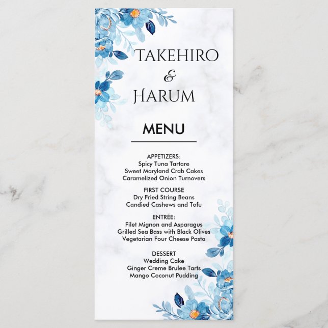 Menu Blue Elegant flower summer wedding (Frente)