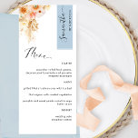 Menu Blush Azul e Pêssego Personalizado com Nome de Con<br><div class="desc">Porquê gastar cartões de lugar e cartões de menu quando pode ter um Menu elegante All-in-one personalizado com cada nome de convidado! Design contemporâneo, simples e elegante com detalhes florais de cor d'água refinados numa bela mistura de pêssego, laranja, escamudo, coral empoeirado, creme e tons de champanhe. Elementos modernos de...</div>