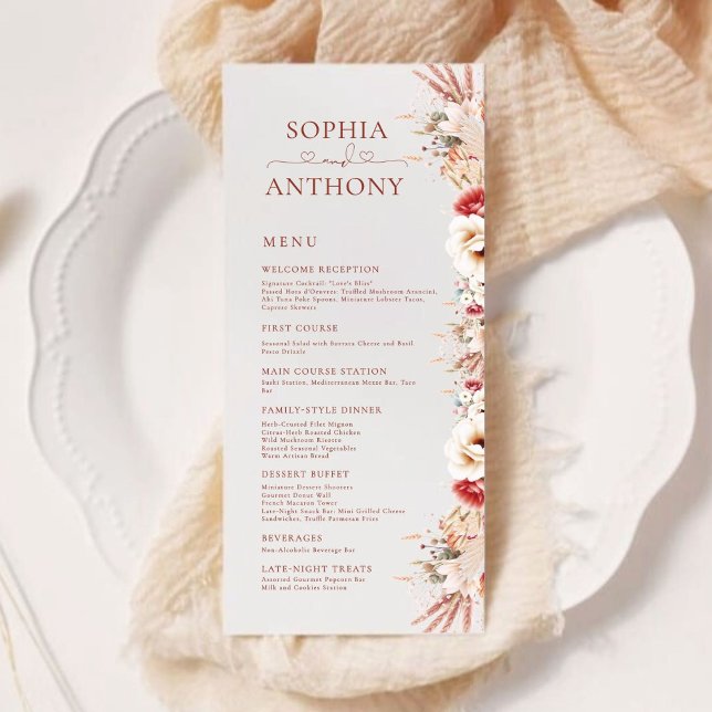 Menu Blush Boho Pampas Floral de Casamento Duplo L (Criador carregado)