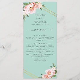 Menu Blush Floral Dourada Mint Recepção de casamento Ve