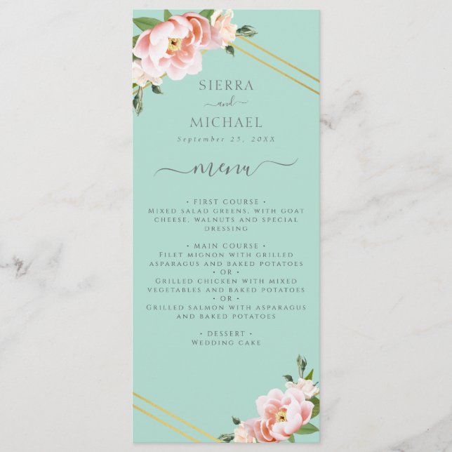 Menu Blush Floral Dourada Mint Recepção de casamento Ve (Frente)