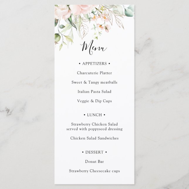 Menu Blush Floral e Greenery Chá de panela (Frente)