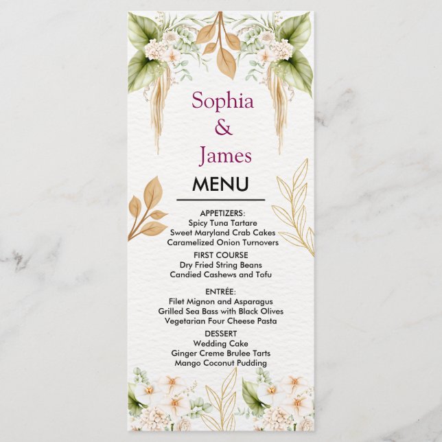 Menu Blush Floral Gold Geometric wedding (Frente)