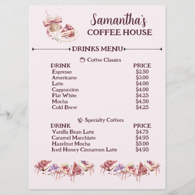 Menu Blush Patisserie Café Marca Personalizada (Frente)