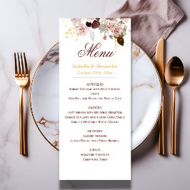 Menu Blush Peony e Dourado Casamento Floral Burgundy