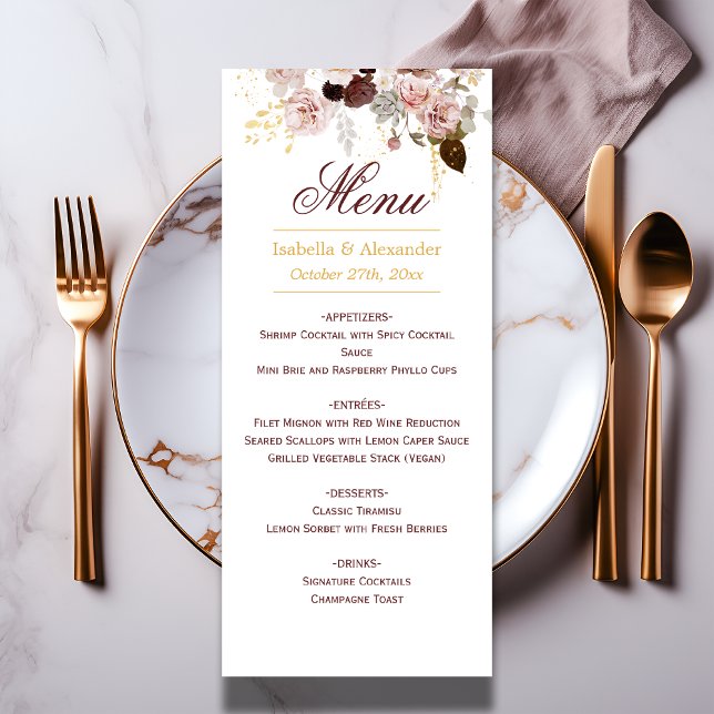 Menu Blush Peony e Dourado Casamento Floral Burgundy (Criador carregado)