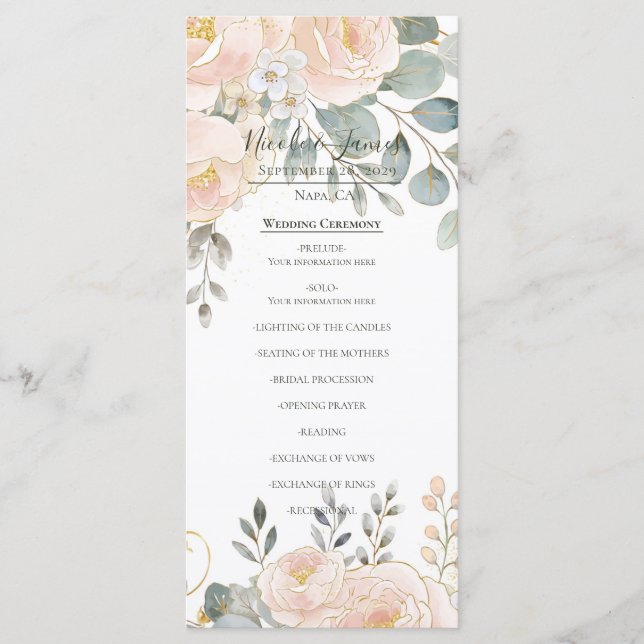 Menu Blush Peony & Eucalyptus Botanical Floral Wedding  (Frente)