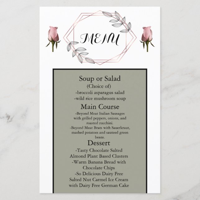 Menu Blush Pink Dusty Sage com Rosas (Frente)