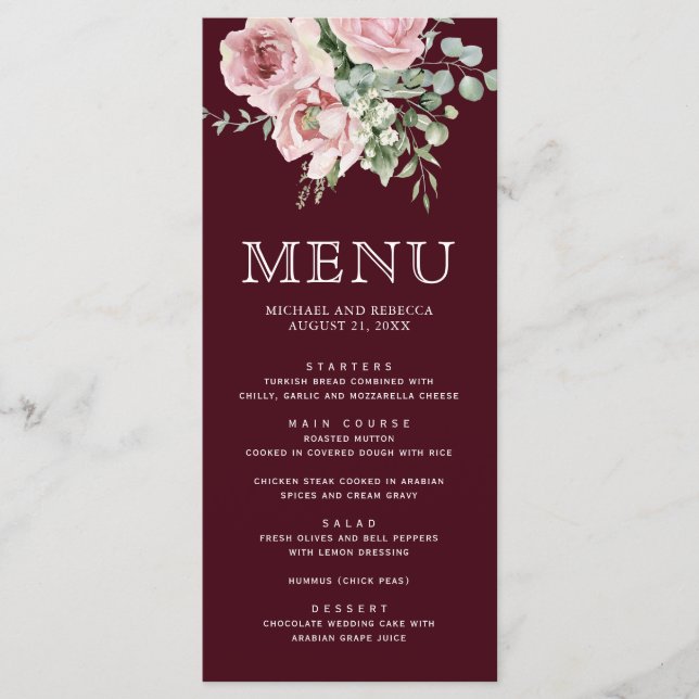 Menu Blush Pink Floral Eucalyptus Burgundy Wedding (Frente)