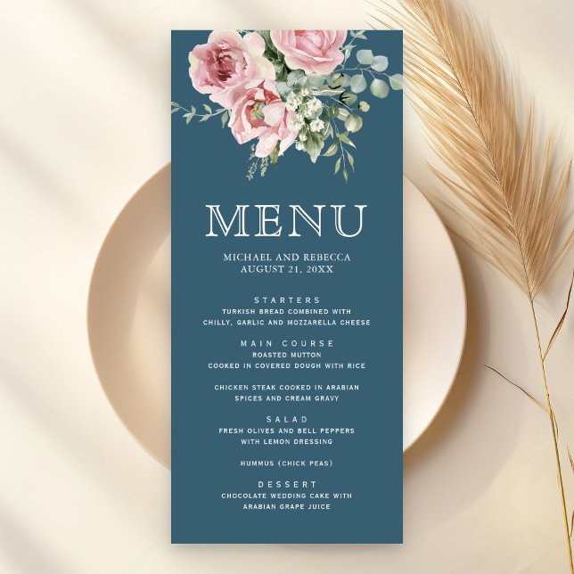 Menu Blush Pink Floral Eucalyptus Dusty Blue Wedding (Criador carregado)