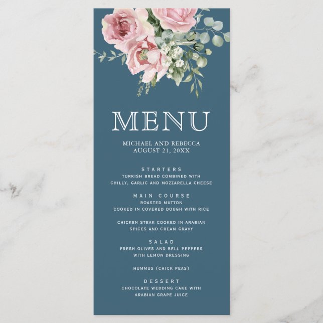 Menu Blush Pink Floral Eucalyptus Dusty Blue Wedding (Frente)