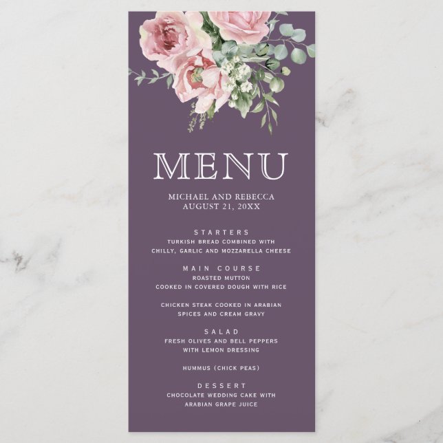 Menu Blush Pink Floral Eucalyptus Dusty Purple Wedding (Frente)