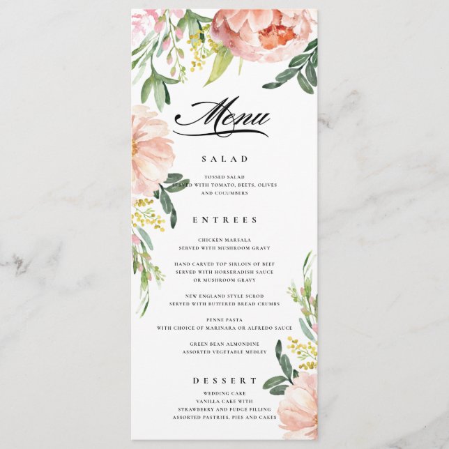 Menu Blush Pink Floral Peony Casamento (Frente)