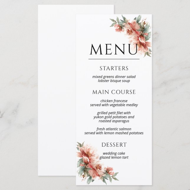 Menu Blush Pink Peony Coral Elegant Dinner Wedding  (Frente/Verso)