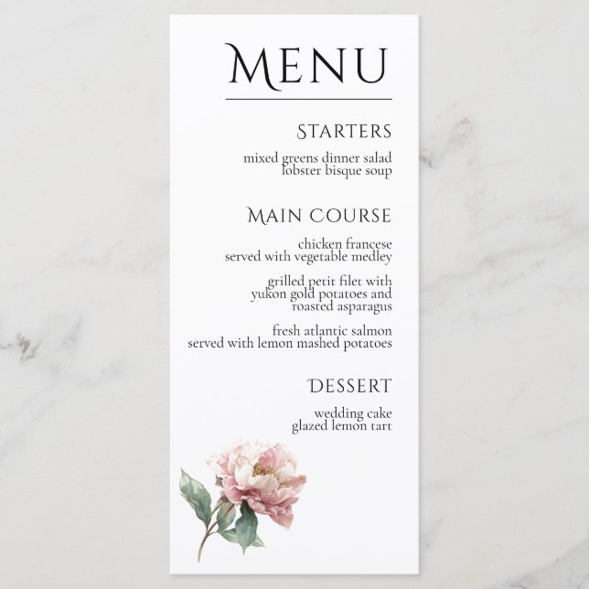 Menu Blush Pink Peony Flower Elegant Dinner Wedding  (Frente)