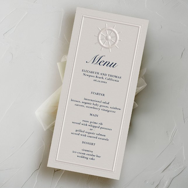 Menu Boat Costeiro Helm Faux Casamento Formal Emboscada (nautical wedding menu card faux embossed boat helm double frame modern classic navy ivory elegant)