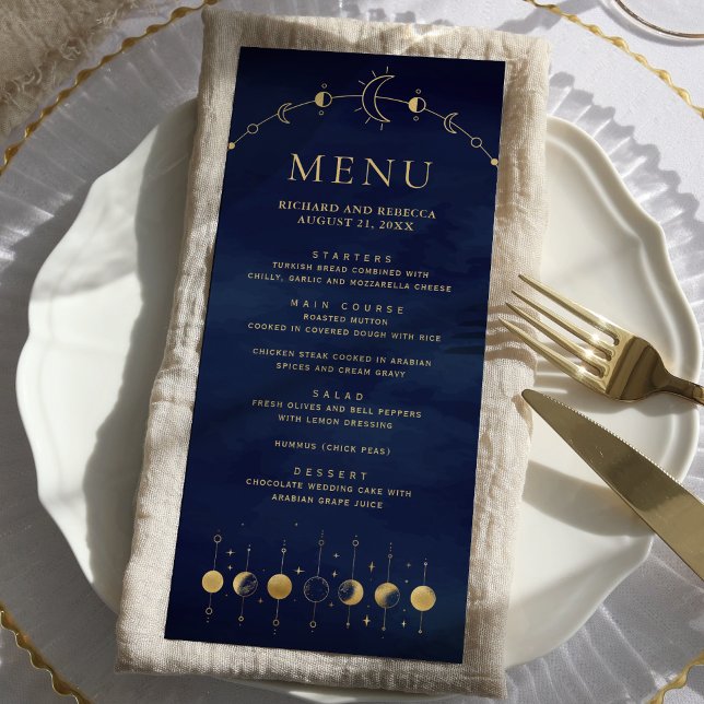 Menu Bodas das Fases da Lua Crescente Dourada Azul Cele (Criador carregado)