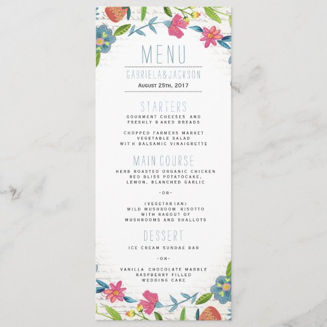 Menu Bohemian Blue & pink Floral watercolor Casamento (Frente)