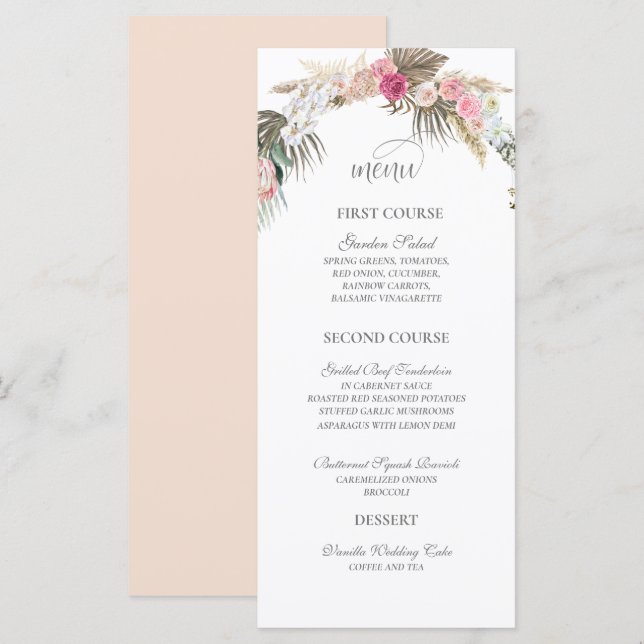 Menu Bohemian Floral Rosa Watercolor Boho Wedding (Frente/Verso)