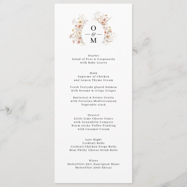 Menu Bohemian Wildflower Wreath Monograma Wedding (Frente)