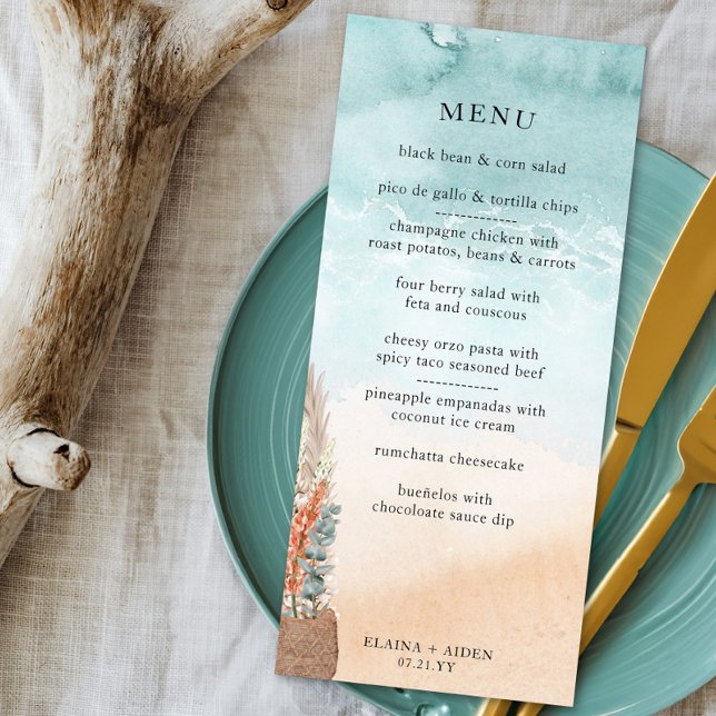 Menu Boho Beach Destino Oceano de Casamento (Boho beach wedding menu with editable food items)