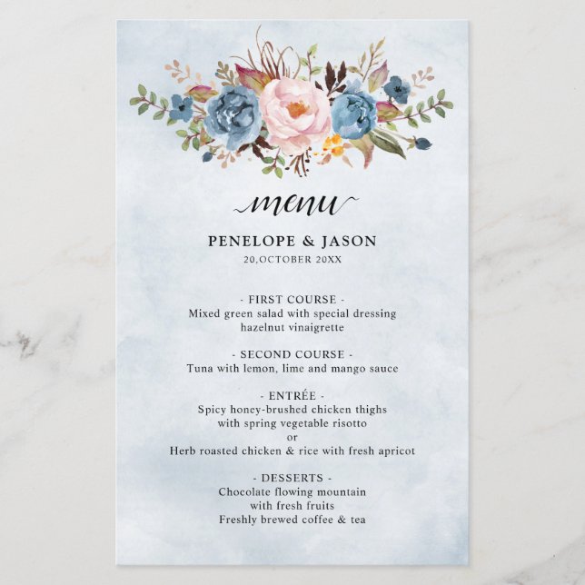 Menu Boho Botânico Dusty Blue Peach Blush (Frente)