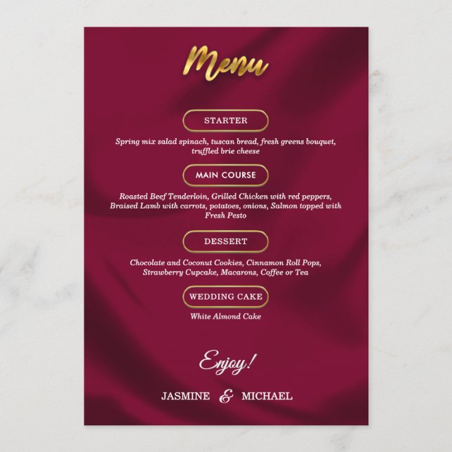 Menu Boho Burgundy e Dourado Casamento Elegante (Frente)