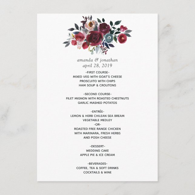 Menu Boho Chic Burgundy e Marinho floral Casamento (Frente)