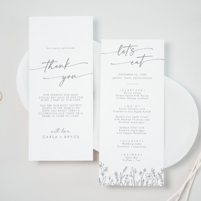 Menu Boho Chic Gray Wildflower Thank You and Wedding (Criador carregado)