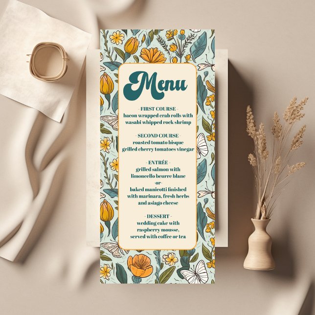 Menu Boho Chic Retro Colorido Casamento Floral (Criador carregado)
