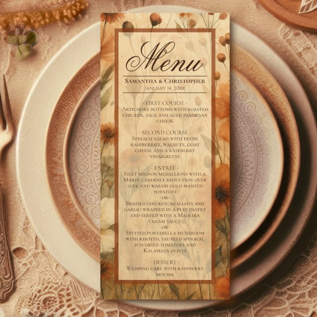 Menu Boho Chic Sienna Queimada Floral Aquarela Casament (Criador carregado)